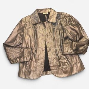 Chico's Platinum Metallic Embroidered Jacket‎ Womens Size 1 Floral Y2K Glam Coat